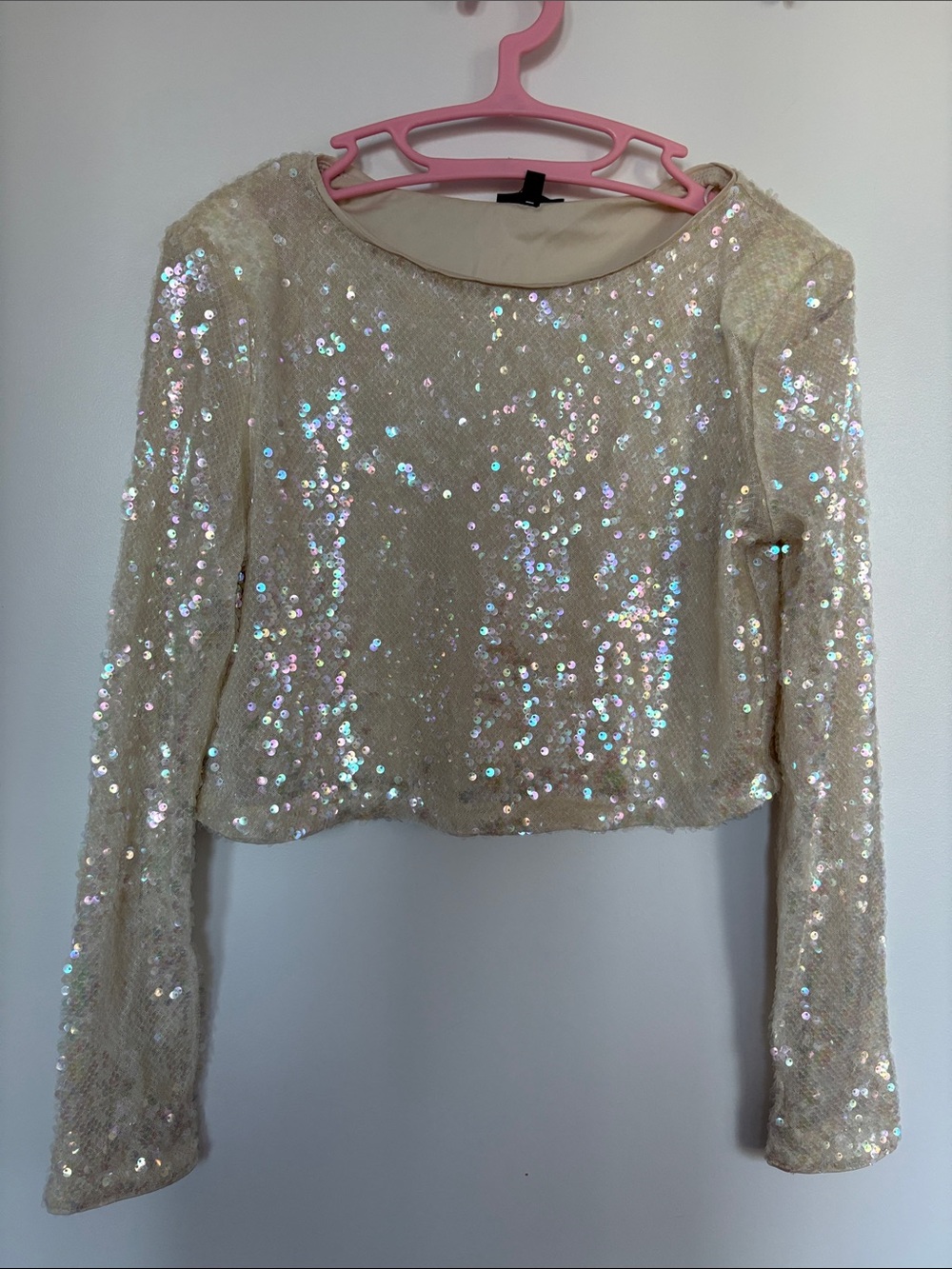 Dynamite Cream Sequin Long-Sleeve Crop Top (part of a 2 piece set)